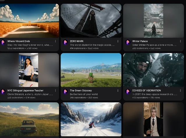 A gallery grid of nine experience cards, each with a still image, a title, a one-line description and two counters reading explorations and views