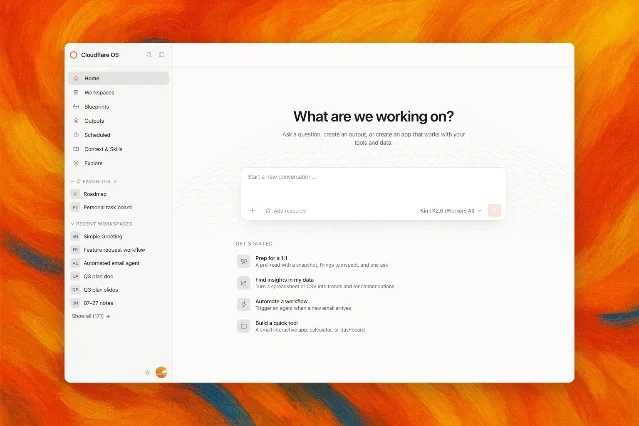 Cloudflare OS 官方首页截图,左侧显示工作区、蓝图、输出和上下文入口,中间是添加资源与开始会话的输入框
