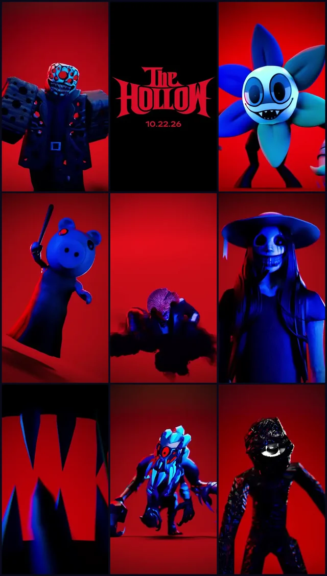 Nine vertical character posters in a three-by-three grid, red-lit figures with blue and cyan highlights around a black title card reading The Hollow 10.22.26