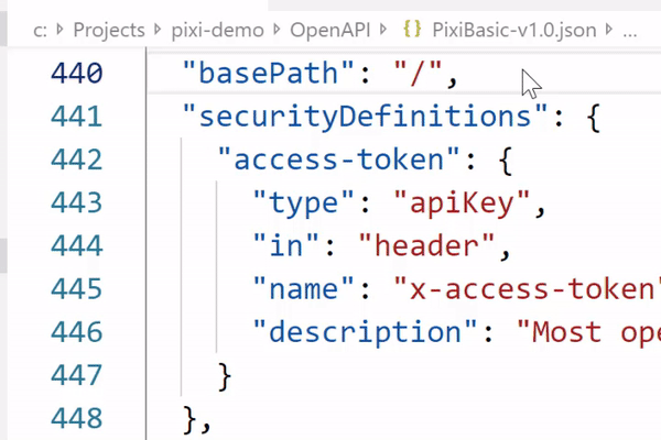 IntelliSense autocomplete firing on a securityDefinitions block in VS Code, showing context-sensitive property suggestions