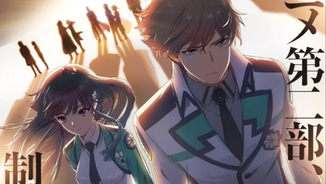 The Irregular at Magic High School Part 2 announcement key visual — Tatsuya and Miyuki face forward against a silhouette crowd