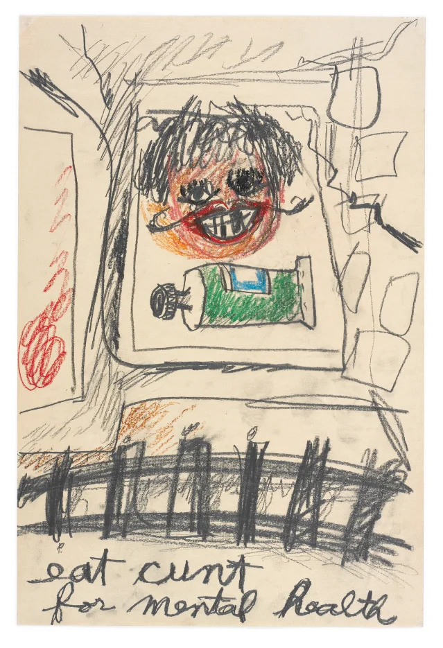 李·洛萨诺《Untitled》（1961），纸上石墨与蜡笔：一张把脸、工具和身体零件挤在一起的早期素描