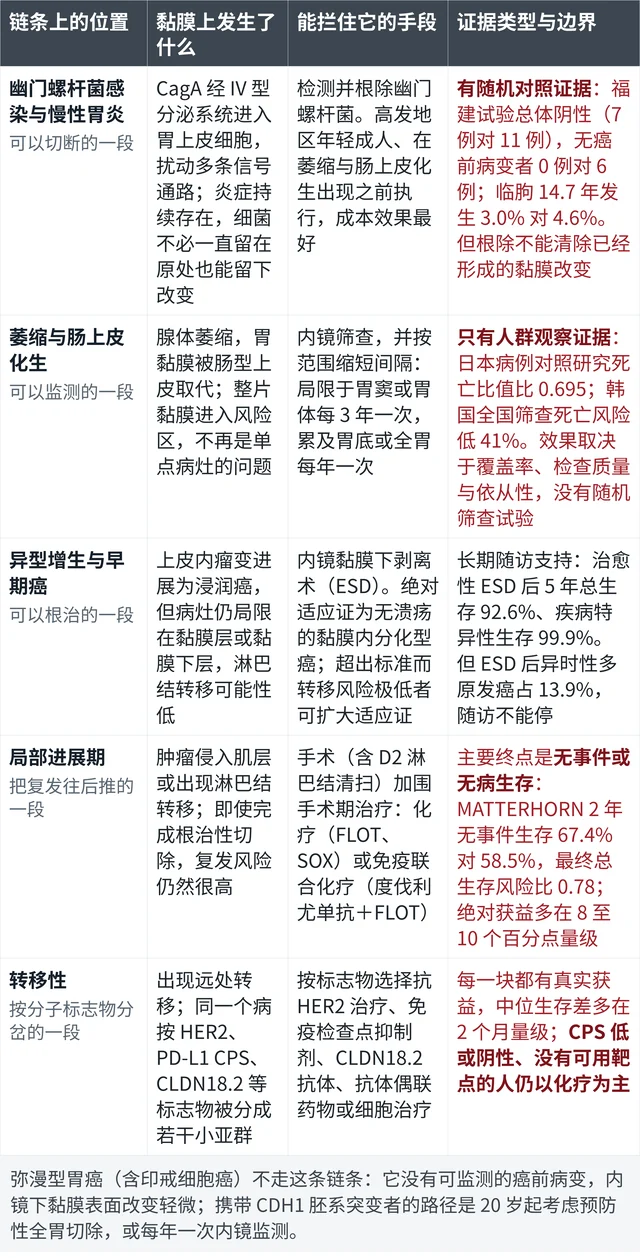 胃癌从幽门螺杆菌感染、癌前病变到晚期各阶段的干预落点、证据类型与边界对照表