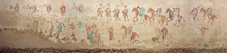 第100窟壁画长条局部,人物与马匹沿墙面展开
