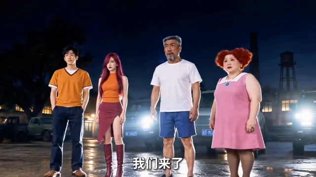 四个卡通造型的人物并排站在夜间的街道上，画面下方有一行中文字幕。