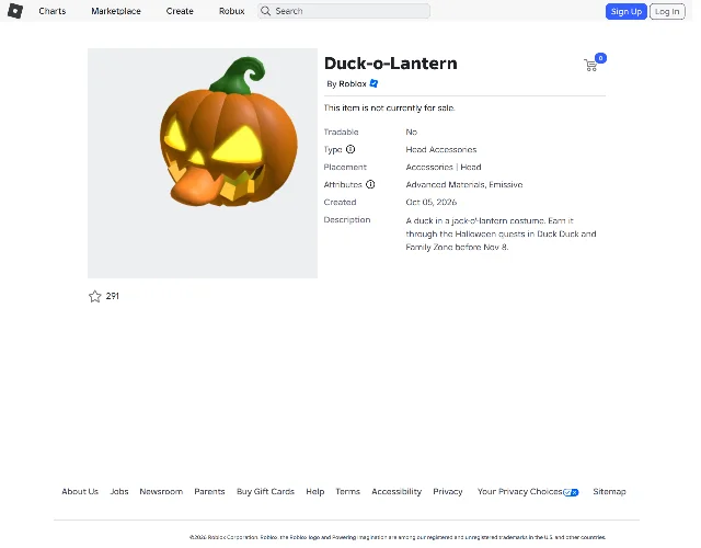 Roblox catalogue page for Duck-o-Lantern showing the jack-o'-lantern duck render, "By Roblox," "This item is not currently for sale," creation date 05 October 2026, and the description naming Halloween quests in Duck Duck and Family Zone before 8 November