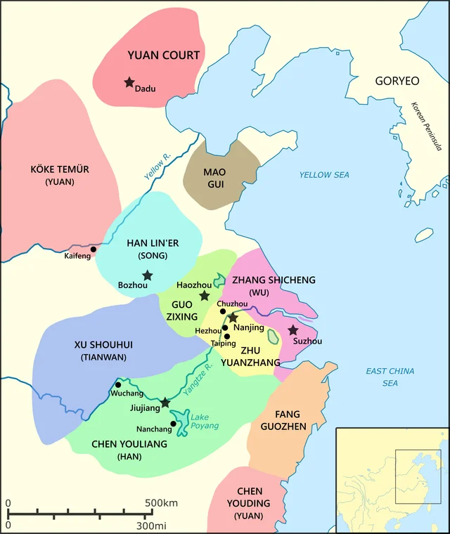 A map of China in the 1350s showing the Yuan court and the rival rebel states, with Zhu Yuanzhang's territory marked in the lower centre around Nanjing