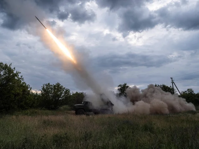 Ukrainian servicemen fire an MLRS near Kostiantynivka