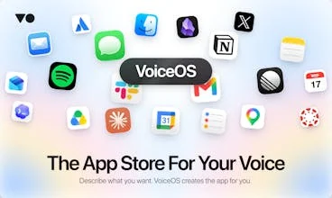 VoiceOS App Store 概念图，应用图标围绕 VoiceOS 标志排列，画面写有 “The App Store For Your Voice”