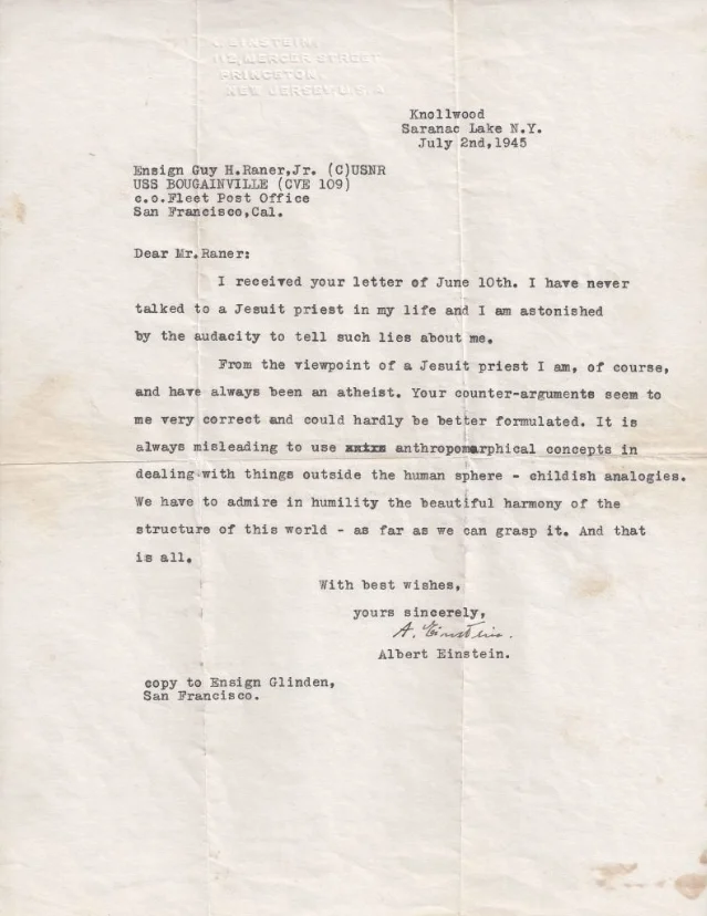 A 1945 typed letter signed by Albert Einstein to Guy Raner, written on personal letterhead, showing Einstein's characteristic brief typed lines and signature
