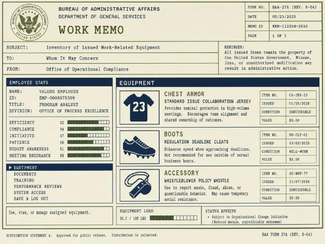 RPG inventory screen styled as a work memo, with equipment slots for boots, chest armor, and accessories labeled with bureaucratic item names