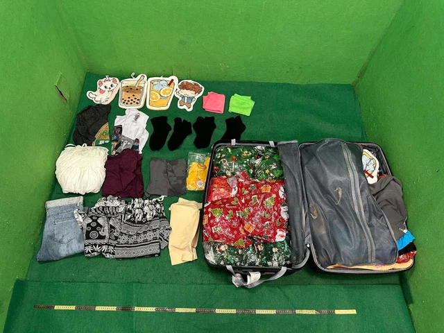 An opened suitcase on a green inspection floor, its contents — clothing, socks, cartoon stickers — laid out alongside it by Hong Kong Customs officers
