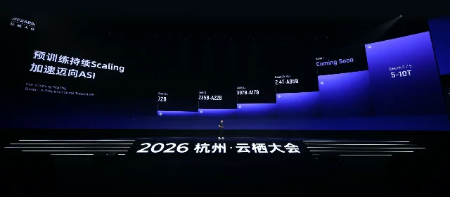 云栖大会现场一张深色幻灯片，用上升的阶梯排出千问模型各代的参数规模