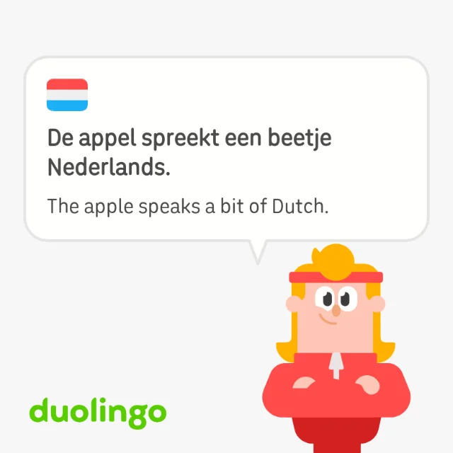 Duolingo image saying that the apple speaks a bit of Dutch