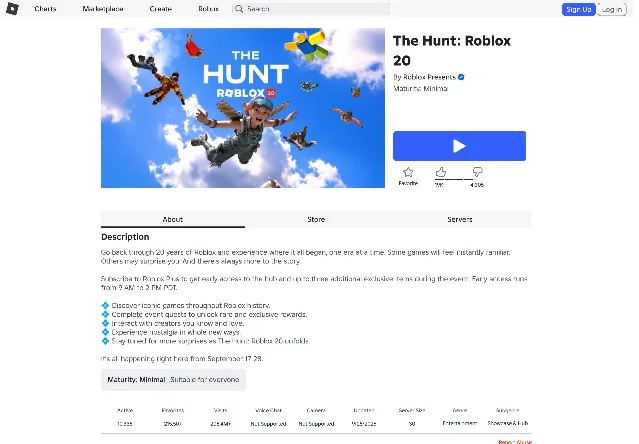 The Hunt: Roblox 20 game page showing 10,335 active players, 215,507 favourites, 208.4M+ visits and an update stamp of 9/25/2026