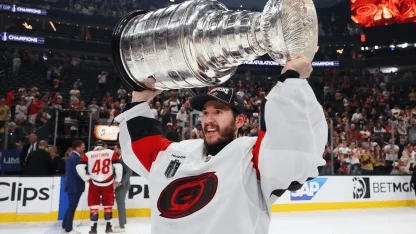 Brandon Bussi celebrates on the ice after his 22-save shutout in Game 6 of the 2026 Stanley Cup Final