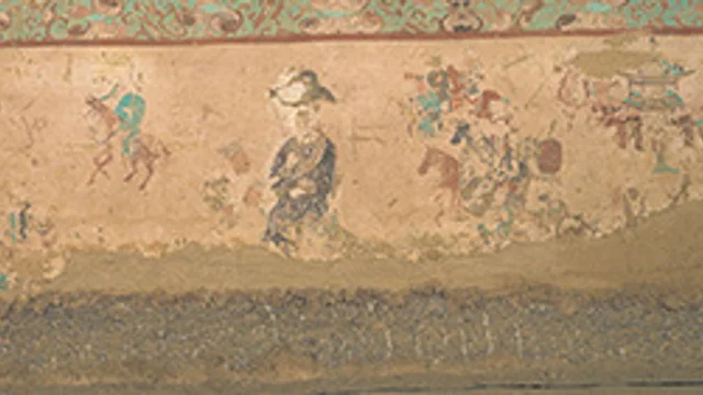 第 100 窟壁画局部,侍从与骑马人物的服饰细节