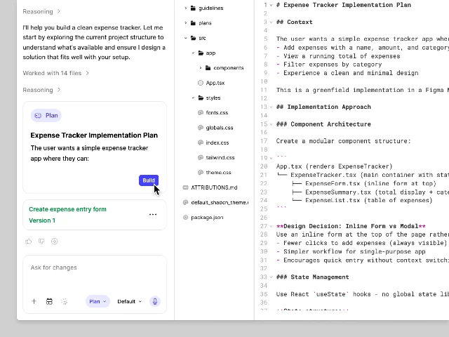After finalizing the plan, click Build to start generating the code