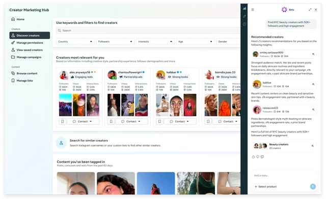 Meta Creator Marketing Hub 的发现界面