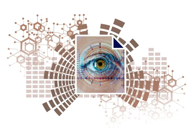 Identity verification concept: iris scan surrounded by hexagonal security symbols
