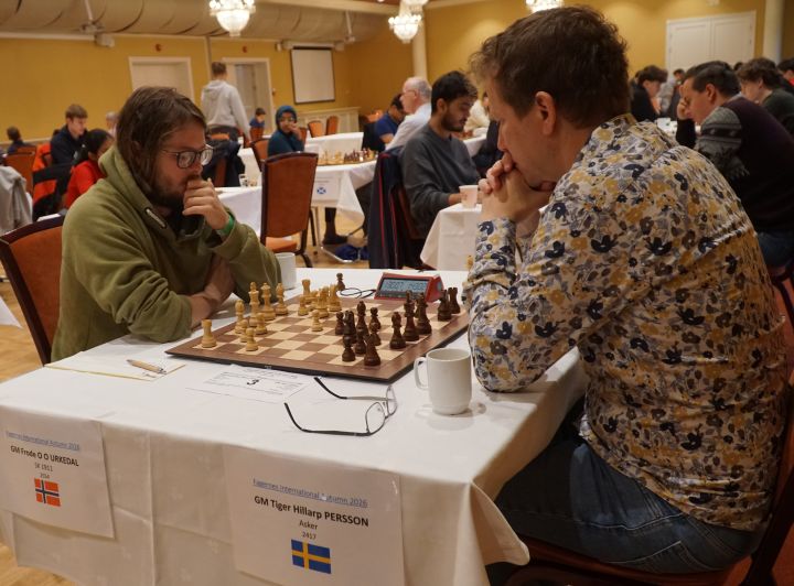 Tiger Hillarp Persson and Frode Olav Olsen Urkedal at their board, with printed name plates and rating cards in front of them