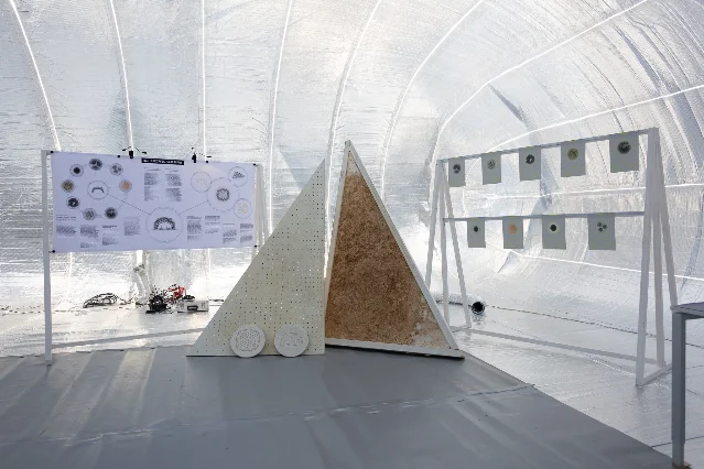 A transparent dome containing two triangular panels, a project board and rows of fungal sample cards