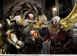 Horus and Sanguinius at the Ullanor Triumph, celebrating the great Imperial victory over the Ork Overlord — official Warhammer lore artwork