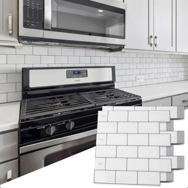 Budget peel-and-stick subway tile sheet shown in a kitchen