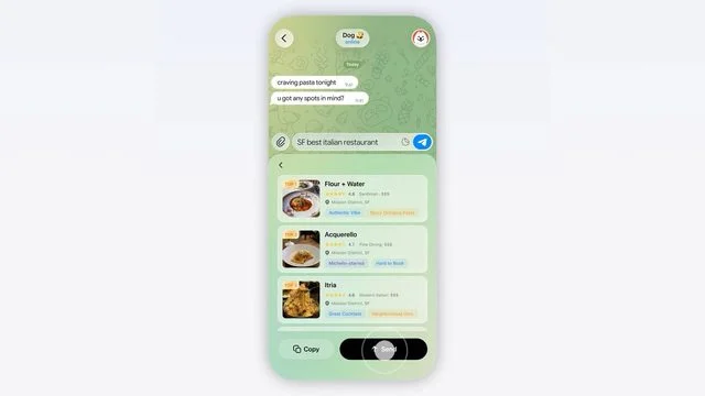Acti 在聊天窗口里生成餐厅结果卡片，结果可以直接留在当前对话中继续使用