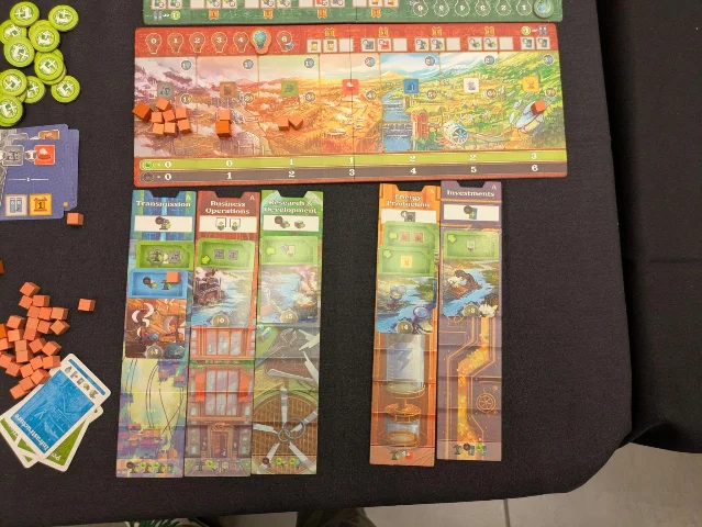 Electrify action tiles lined up beneath a player board with upgrade slots.