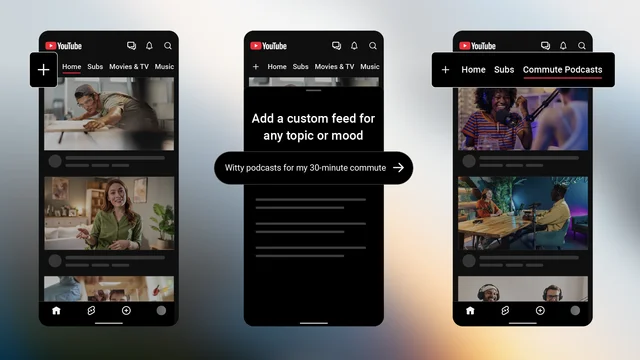Three phone mockups of the YouTube Home tab: a plus button, then Home, Subs, Movies &amp; TV and Music, and a third phone showing a saved feed called Commute Podcasts.