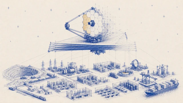 一张蓝色蓝图风格的示意图。上半部是一台六边形镜片的空间望远镜,展开着多层遮阳板;下半部是一座等轴测厂区,从左到右依次是露天矿坑与矿车、铁路、输电塔、储罐、实验室与成排的计算机房、卫星天线、龙门吊与集装箱船。细虚线从望远镜的各个部件连到下方的设施上