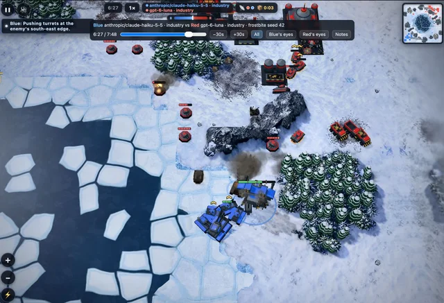 A replay of a Battle Drones match labelled Blue anthropic/claude-haiku-5-5 versus Red gpt-6-luna on the frostbite map, with a top bar carrying the two model names, a scrubber, and toggles for both sides' eyes and the notes panel