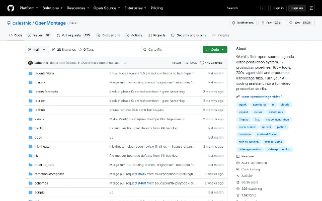 GitHub 仓库首页,左侧是文件与提交列表,右侧 About 栏列出项目简介、AGPL-3.0 许可、59.3k star 与 7.5k fork