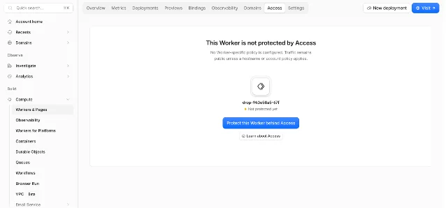 Cloudflare dashboard showing that a Worker is not yet protected by Access and offering a Worker-level protection action
