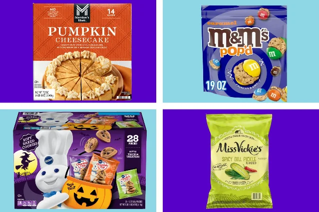 Four of Sam's Club's limited-time grocery offers: Member's Mark pumpkin cheesecake, M&amp;M's Pop'd caramel candy, Pillsbury soft baked mini cookies, and Miss Vickie's spicy dill pickle potato chips.