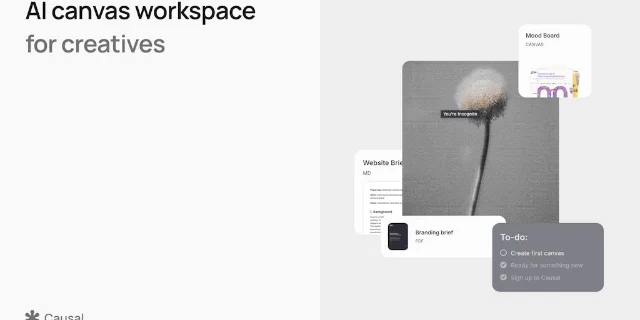Causal canvas workspace showing mood boards, a brief, a task list, and visual references