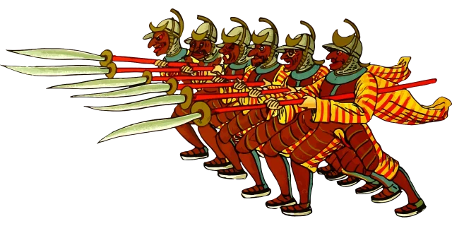 Ancient phalanx formation illustration — a tight rank of soldiers in striped tunics and crested helmets, leveling long spears in synchronized advance