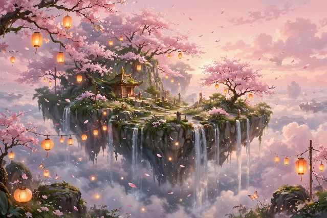 Meta Muse Image 生成的樱花浮岛示例图