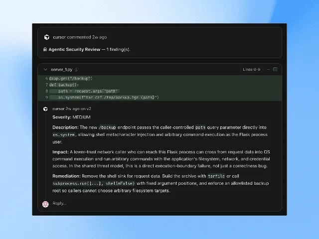 Cursor's screenshot of a Security Review comment on a pull request, reporting a medium-severity command-injection finding against a Flask backup endpoint