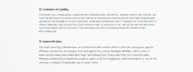 Sections 12 and 13 of a terms of service page headed Limitation of Liability and Indemnification