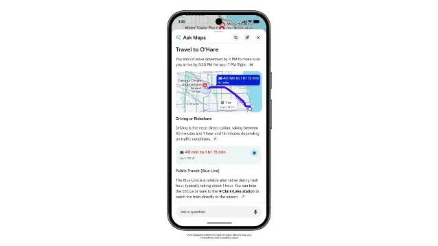Google Maps Ask Maps screenshot showing a route to O'Hare with driving and public transit options