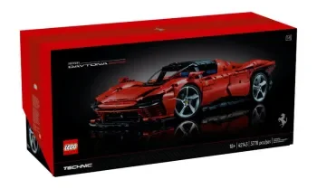 LEGO Technic 42143 Ferrari Daytona SP3 box front — red Ferrari supercar model, 3,778 pieces, age 18+