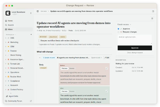 A Change Request window showing an agent's proposed edit to a record body, with a before and after version and an Approve button