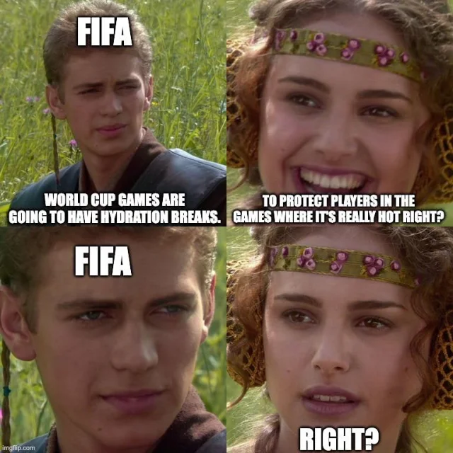 Reddit meme about FIFA, hydration breaks, and heat
