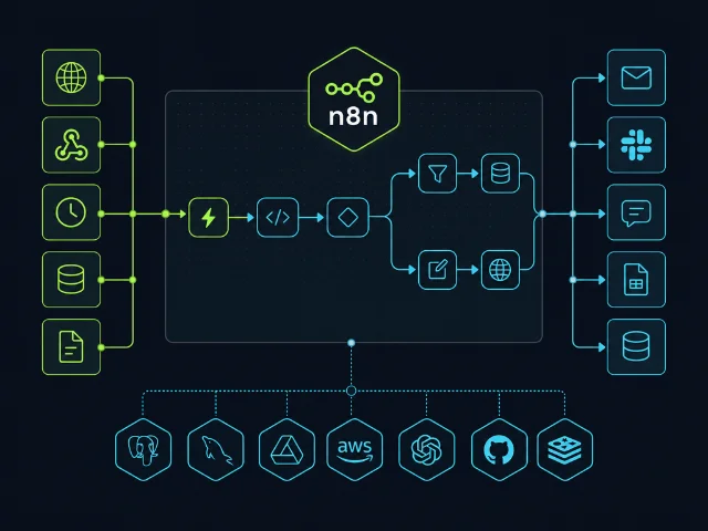 Diagramme de workflow n8n avec nœuds connectés et flux de données en vert électrique