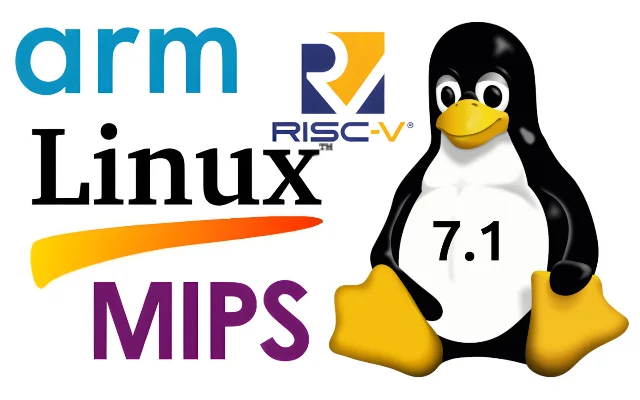 Linux 7.1 release graphic with ARM, RISC-V, MIPS logos and Tux the penguin