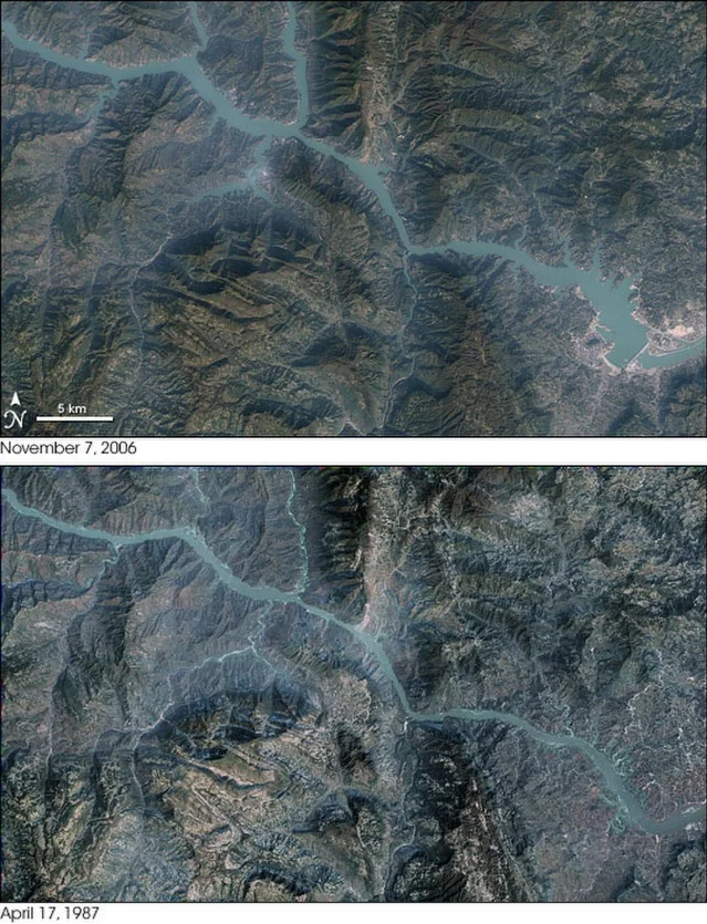 Landsat satellite comparison of the Three Gorges reservoir area: April 1987 (before impoundment) vs. November 2006 (after). The reservoir inundation extends far upstream along the Yangtze valley.