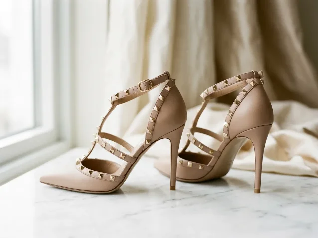 Rockstud-style studded nude calfskin pumps on marble — illustrating Valentino's SS26 sale footwear