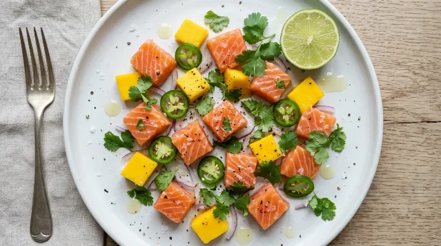 Cubed raw salmon, yellow mango chunks, sliced serrano pepper rings, and fresh cilantro on a white plate — the four core ingredients of the ceviche